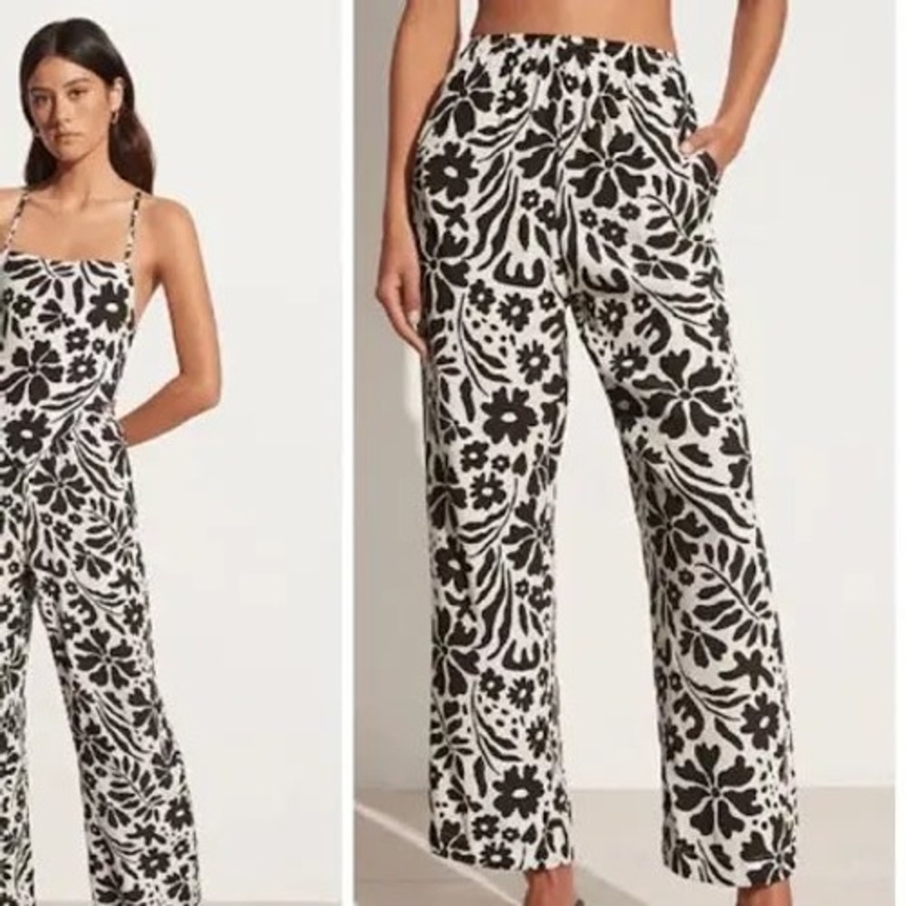 Faithfull the Brand Black White Hibiscus Floral Wide Leg Pants Size S 4